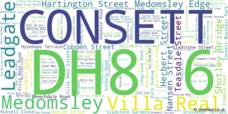 A word cloud for the DH8 6 postcode